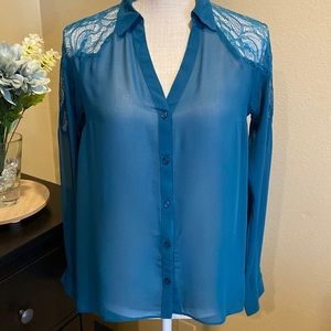 LC Lauren Conrad Lace Teal Button Down Shirt